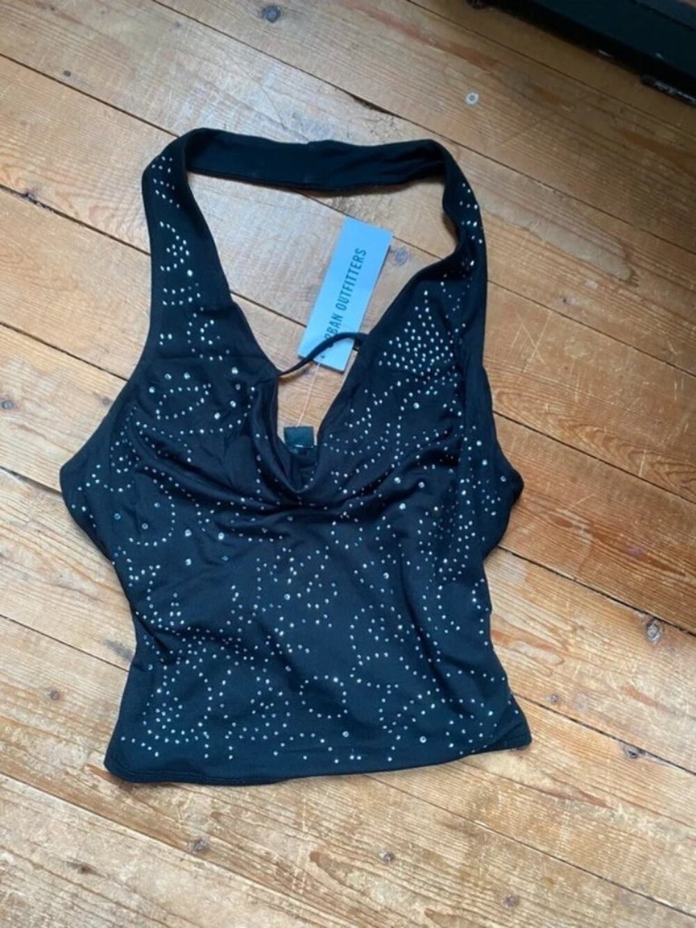 Black Rhinestone Halter Crop Top XS